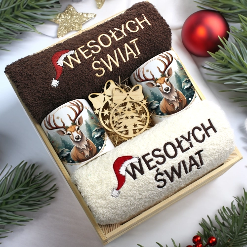 ZESTAW PREZENT ŚWIĄTECZNY KOMPLET KUBKI RĘCZNIKI W SKRZYNCE ŚWIĘTA MIKOŁAJ