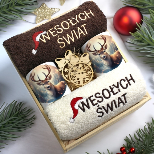 ZESTAW PREZENT ŚWIĄTECZNY KOMPLET KUBKI RĘCZNIKI W SKRZYNCE ŚWIĘTA MIKOŁAJ