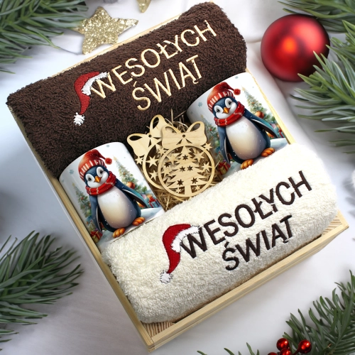 ZESTAW PREZENT ŚWIĄTECZNY KOMPLET KUBKI RĘCZNIKI W SKRZYNCE ŚWIĘTA MIKOŁAJ