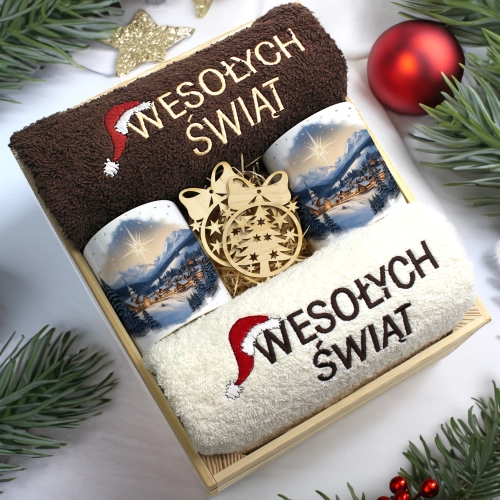 ZESTAW PREZENT ŚWIĄTECZNY KOMPLET KUBKI RĘCZNIKI W SKRZYNCE ŚWIĘTA MIKOŁAJ