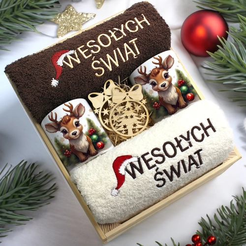 ZESTAW PREZENT ŚWIĄTECZNY KOMPLET KUBKI RĘCZNIKI W SKRZYNCE ŚWIĘTA MIKOŁAJ