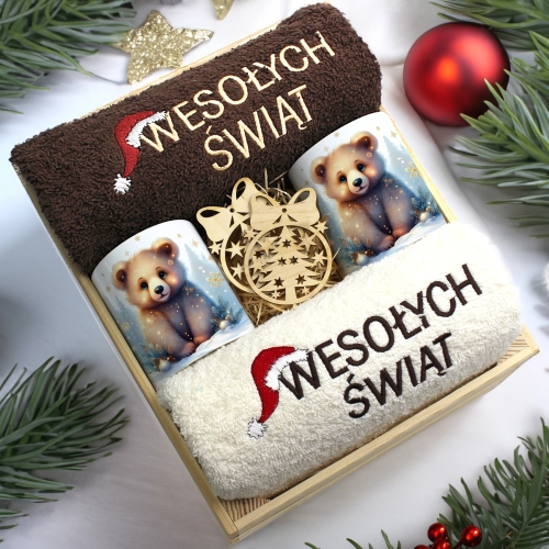 ZESTAW PREZENT ŚWIĄTECZNY KOMPLET KUBKI RĘCZNIKI W SKRZYNCE ŚWIĘTA MIKOŁAJ