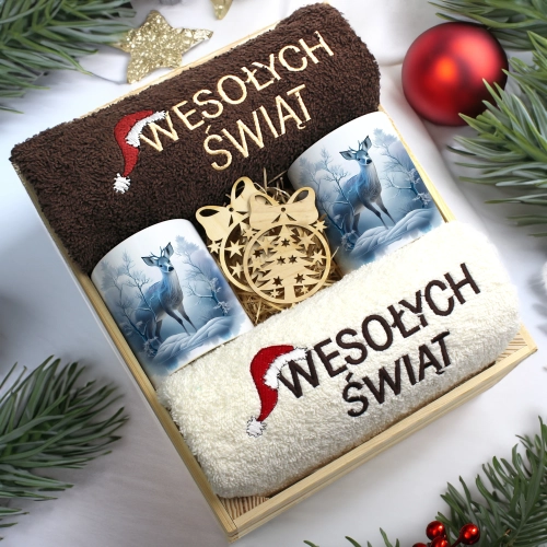 ZESTAW PREZENT ŚWIĄTECZNY KOMPLET KUBKI RĘCZNIKI W SKRZYNCE ŚWIĘTA MIKOŁAJ