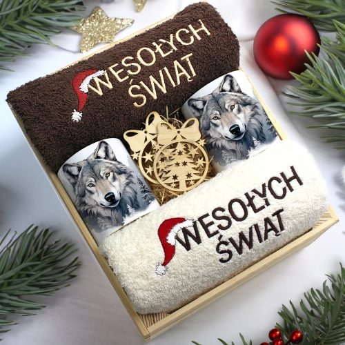 ZESTAW PREZENT ŚWIĄTECZNY KOMPLET KUBKI RĘCZNIKI W SKRZYNCE ŚWIĘTA MIKOŁAJ