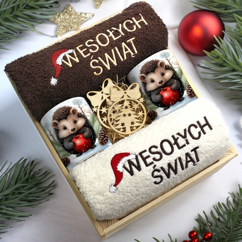 ZESTAW PREZENT ŚWIĄTECZNY KOMPLET KUBKI RĘCZNIKI W SKRZYNCE ŚWIĘTA MIKOŁAJ