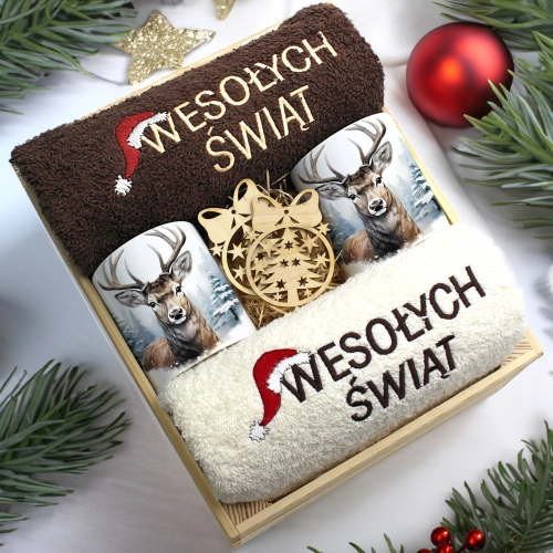 ZESTAW PREZENT ŚWIĄTECZNY KOMPLET KUBKI RĘCZNIKI W SKRZYNCE ŚWIĘTA MIKOŁAJ