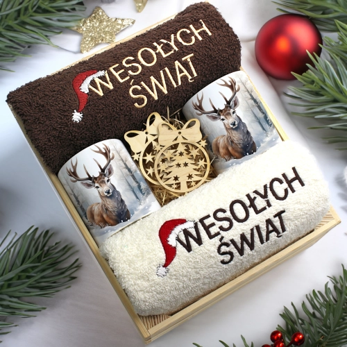 ZESTAW PREZENT ŚWIĄTECZNY KOMPLET KUBKI RĘCZNIKI W SKRZYNCE ŚWIĘTA MIKOŁAJ