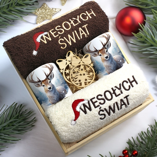 ZESTAW PREZENT ŚWIĄTECZNY KOMPLET KUBKI RĘCZNIKI W SKRZYNCE ŚWIĘTA MIKOŁAJ