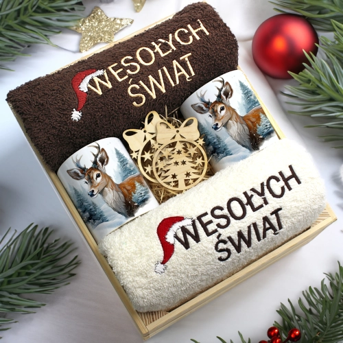 ZESTAW PREZENT ŚWIĄTECZNY KOMPLET KUBKI RĘCZNIKI W SKRZYNCE ŚWIĘTA MIKOŁAJ