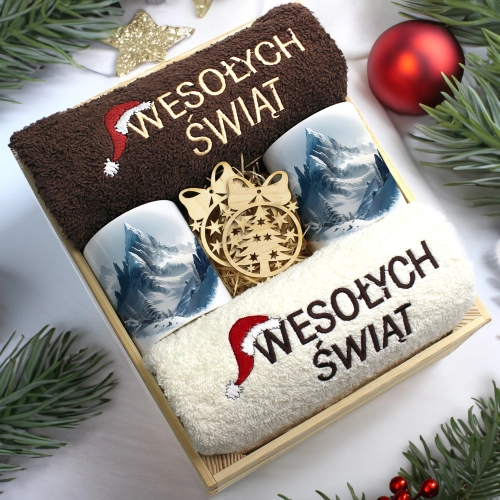 ZESTAW PREZENT ŚWIĄTECZNY KOMPLET KUBKI RĘCZNIKI W SKRZYNCE ŚWIĘTA MIKOŁAJ