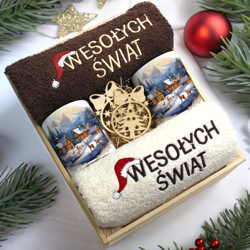 ZESTAW PREZENT ŚWIĄTECZNY KOMPLET KUBKI RĘCZNIKI W SKRZYNCE ŚWIĘTA MIKOŁAJ