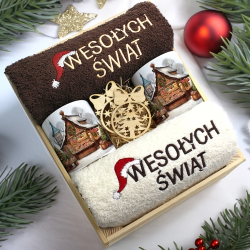 ZESTAW PREZENT ŚWIĄTECZNY KOMPLET KUBKI RĘCZNIKI W SKRZYNCE ŚWIĘTA MIKOŁAJ