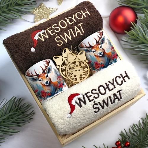 ZESTAW PREZENT ŚWIĄTECZNY KOMPLET KUBKI RĘCZNIKI W SKRZYNCE ŚWIĘTA MIKOŁAJ