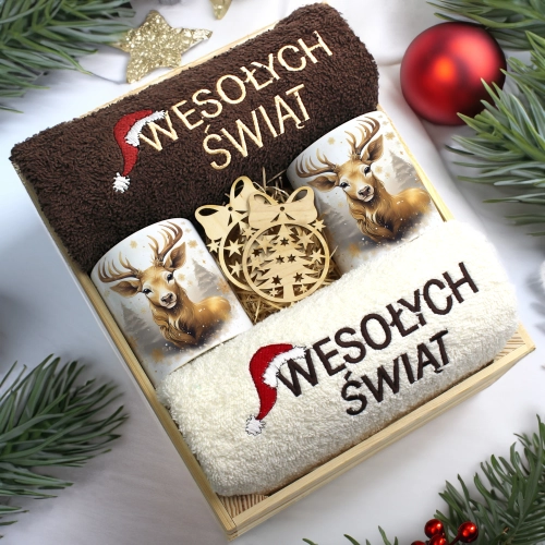 ZESTAW PREZENT ŚWIĄTECZNY KOMPLET KUBKI RĘCZNIKI W SKRZYNCE ŚWIĘTA MIKOŁAJ