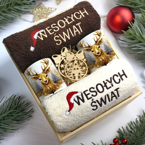 ZESTAW PREZENT ŚWIĄTECZNY KOMPLET KUBKI RĘCZNIKI W SKRZYNCE ŚWIĘTA MIKOŁAJ