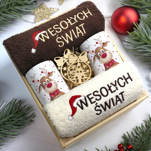 ZESTAW PREZENT ŚWIĄTECZNY KOMPLET KUBKI RĘCZNIKI W SKRZYNCE ŚWIĘTA MIKOŁAJ