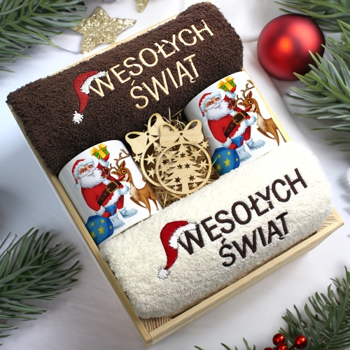 ZESTAW PREZENT ŚWIĄTECZNY KOMPLET KUBKI RĘCZNIKI W SKRZYNCE ŚWIĘTA MIKOŁAJ