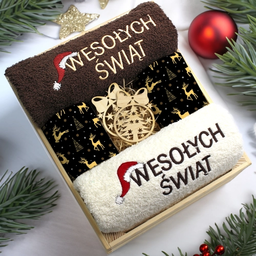 ZESTAW PREZENT ŚWIĄTECZNY KOMPLET KUBKI RĘCZNIKI W SKRZYNCE ŚWIĘTA MIKOŁAJ