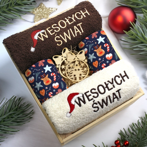 ZESTAW PREZENT ŚWIĄTECZNY KOMPLET KUBKI RĘCZNIKI W SKRZYNCE ŚWIĘTA MIKOŁAJ