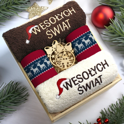 ZESTAW PREZENT ŚWIĄTECZNY KOMPLET KUBKI RĘCZNIKI W SKRZYNCE ŚWIĘTA MIKOŁAJ