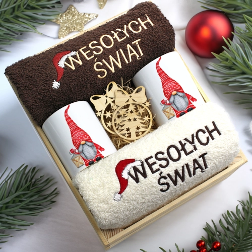ZESTAW PREZENT ŚWIĄTECZNY KOMPLET KUBKI RĘCZNIKI W SKRZYNCE ŚWIĘTA MIKOŁAJ