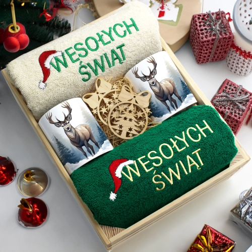 ZESTAW PREZENT ŚWIĄTECZNY KOMPLET KUBKI RĘCZNIKI W SKRZYNCE ŚWIĘTA MIKOŁAJ