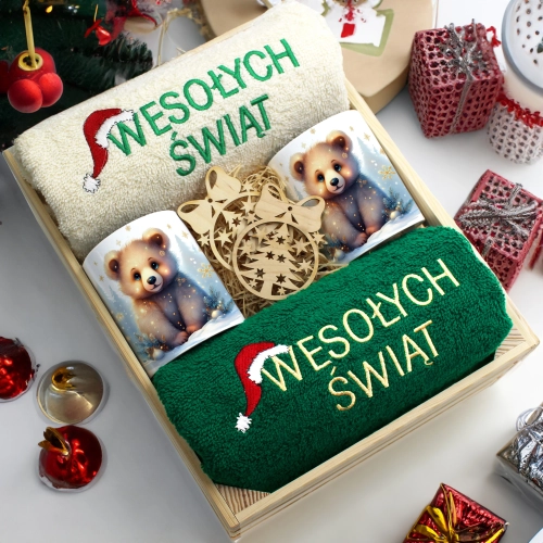 ZESTAW PREZENT ŚWIĄTECZNY KOMPLET KUBKI RĘCZNIKI W SKRZYNCE ŚWIĘTA MIKOŁAJ