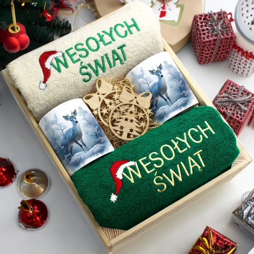 ZESTAW PREZENT ŚWIĄTECZNY KOMPLET KUBKI RĘCZNIKI W SKRZYNCE ŚWIĘTA MIKOŁAJ