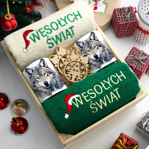 ZESTAW PREZENT ŚWIĄTECZNY KOMPLET KUBKI RĘCZNIKI W SKRZYNCE ŚWIĘTA MIKOŁAJ