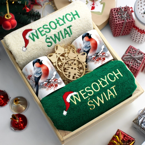 ZESTAW PREZENT ŚWIĄTECZNY KOMPLET KUBKI RĘCZNIKI W SKRZYNCE ŚWIĘTA MIKOŁAJ