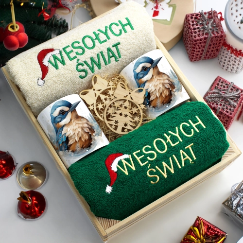 ZESTAW PREZENT ŚWIĄTECZNY KOMPLET KUBKI RĘCZNIKI W SKRZYNCE ŚWIĘTA MIKOŁAJ