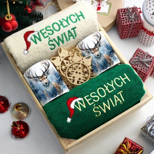 ZESTAW PREZENT ŚWIĄTECZNY KOMPLET KUBKI RĘCZNIKI W SKRZYNCE ŚWIĘTA MIKOŁAJ