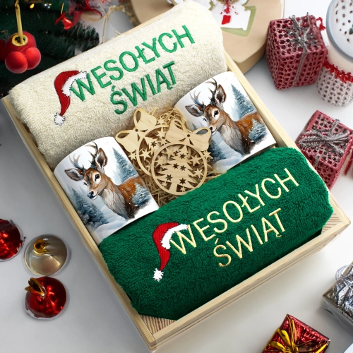 ZESTAW PREZENT ŚWIĄTECZNY KOMPLET KUBKI RĘCZNIKI W SKRZYNCE ŚWIĘTA MIKOŁAJ