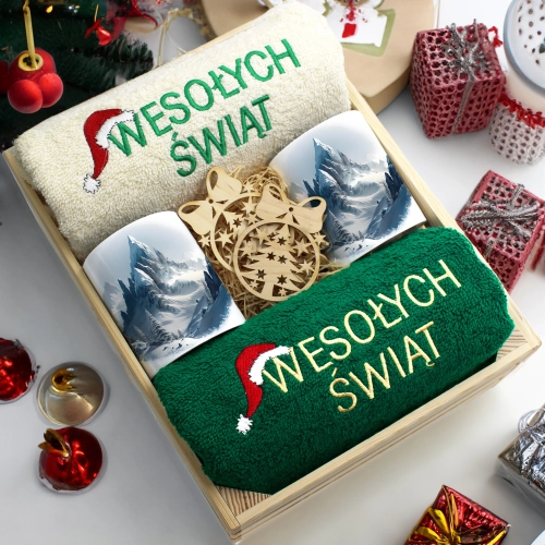 ZESTAW PREZENT ŚWIĄTECZNY KOMPLET KUBKI RĘCZNIKI W SKRZYNCE ŚWIĘTA MIKOŁAJ