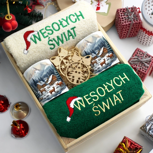 ZESTAW PREZENT ŚWIĄTECZNY KOMPLET KUBKI RĘCZNIKI W SKRZYNCE ŚWIĘTA MIKOŁAJ