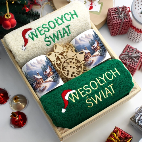 ZESTAW PREZENT ŚWIĄTECZNY KOMPLET KUBKI RĘCZNIKI W SKRZYNCE ŚWIĘTA MIKOŁAJ