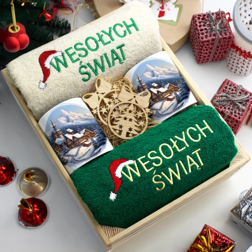 ZESTAW PREZENT ŚWIĄTECZNY KOMPLET KUBKI RĘCZNIKI W SKRZYNCE ŚWIĘTA MIKOŁAJ