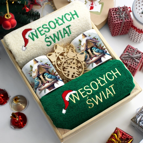 ZESTAW PREZENT ŚWIĄTECZNY KOMPLET KUBKI RĘCZNIKI W SKRZYNCE ŚWIĘTA MIKOŁAJ