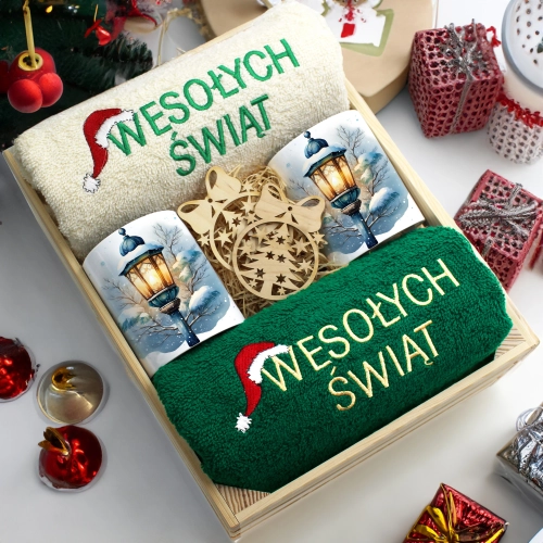 ZESTAW PREZENT ŚWIĄTECZNY KOMPLET KUBKI RĘCZNIKI W SKRZYNCE ŚWIĘTA MIKOŁAJ