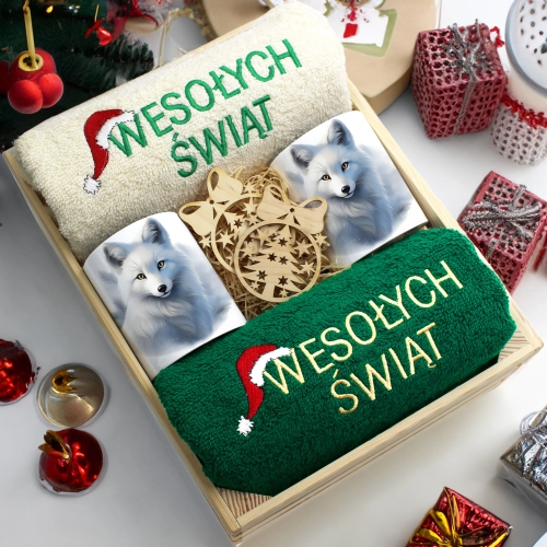 ZESTAW PREZENT ŚWIĄTECZNY KOMPLET KUBKI RĘCZNIKI W SKRZYNCE ŚWIĘTA MIKOŁAJ