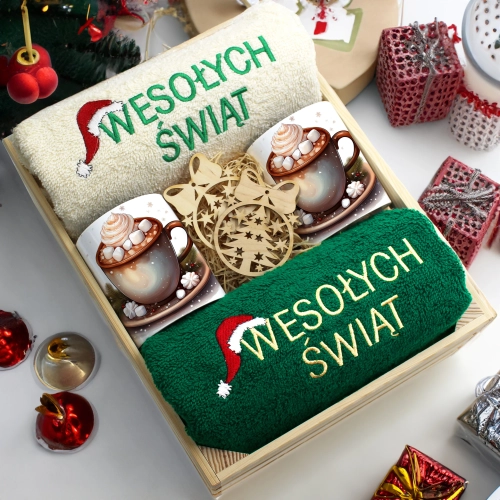 ZESTAW PREZENT ŚWIĄTECZNY KOMPLET KUBKI RĘCZNIKI W SKRZYNCE ŚWIĘTA MIKOŁAJ