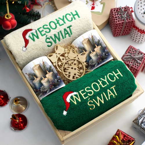 ZESTAW PREZENT ŚWIĄTECZNY KOMPLET KUBKI RĘCZNIKI W SKRZYNCE ŚWIĘTA MIKOŁAJ