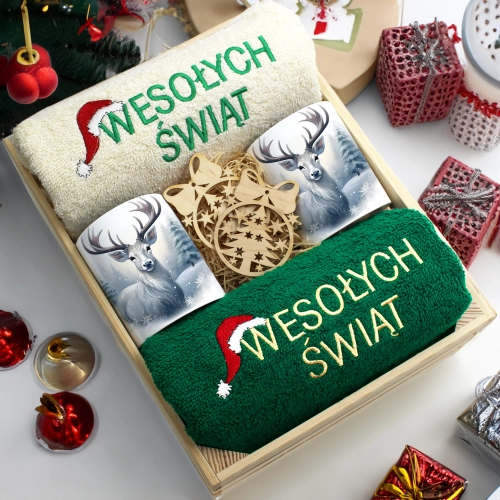 ZESTAW PREZENT ŚWIĄTECZNY KOMPLET KUBKI RĘCZNIKI W SKRZYNCE ŚWIĘTA MIKOŁAJ