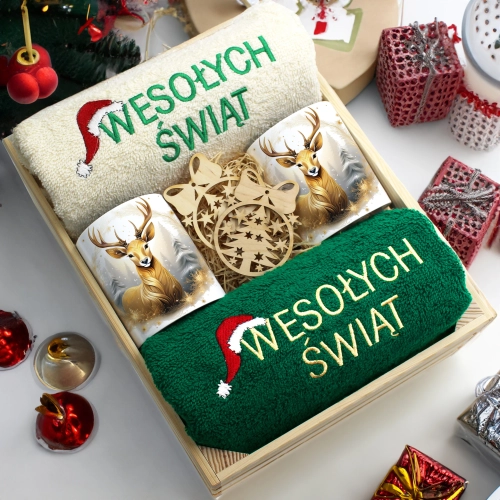 ZESTAW PREZENT ŚWIĄTECZNY KOMPLET KUBKI RĘCZNIKI W SKRZYNCE ŚWIĘTA MIKOŁAJ