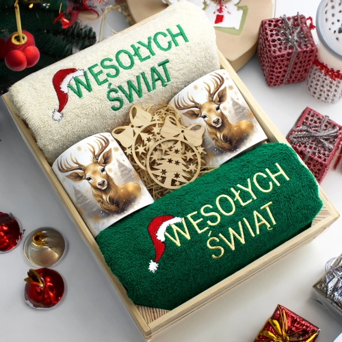 ZESTAW PREZENT ŚWIĄTECZNY KOMPLET KUBKI RĘCZNIKI W SKRZYNCE ŚWIĘTA MIKOŁAJ