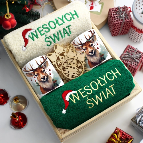 ZESTAW PREZENT ŚWIĄTECZNY KOMPLET KUBKI RĘCZNIKI W SKRZYNCE ŚWIĘTA MIKOŁAJ