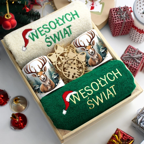 ZESTAW PREZENT ŚWIĄTECZNY KOMPLET KUBKI RĘCZNIKI W SKRZYNCE ŚWIĘTA MIKOŁAJ