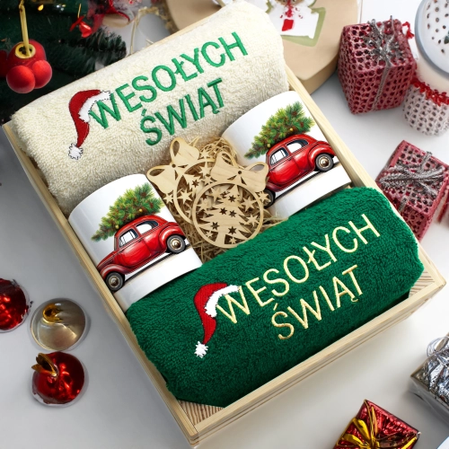 ZESTAW PREZENT ŚWIĄTECZNY KOMPLET KUBKI RĘCZNIKI W SKRZYNCE ŚWIĘTA MIKOŁAJ