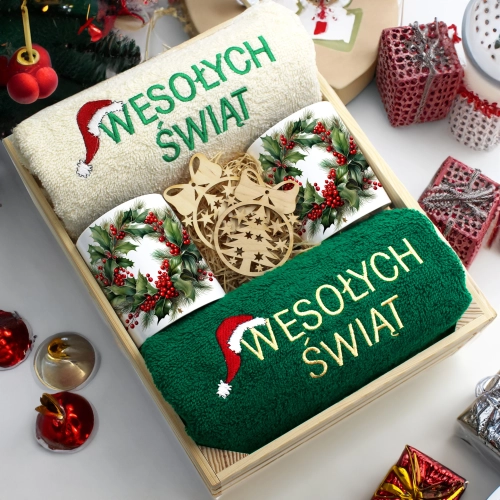 ZESTAW PREZENT ŚWIĄTECZNY KOMPLET KUBKI RĘCZNIKI W SKRZYNCE ŚWIĘTA MIKOŁAJ
