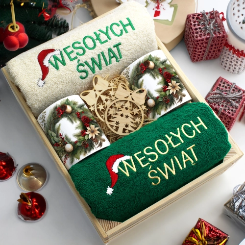 ZESTAW PREZENT ŚWIĄTECZNY KOMPLET KUBKI RĘCZNIKI W SKRZYNCE ŚWIĘTA MIKOŁAJ